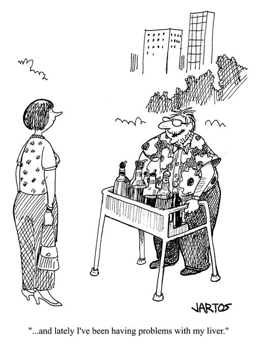 '...and lately I've been having problems with my liver.' (Man's zimoframe has mini-bar attached to it).