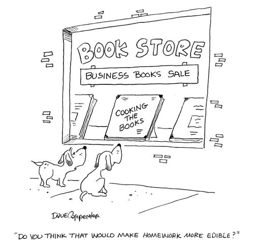 Business Books Store - Cooking the Books. Dogs commenting: 'Do you think that would make homework more edible?'