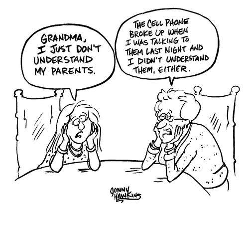 Girl not understanding parents and grandma, due to cell phone breaking up, not understanding them either.