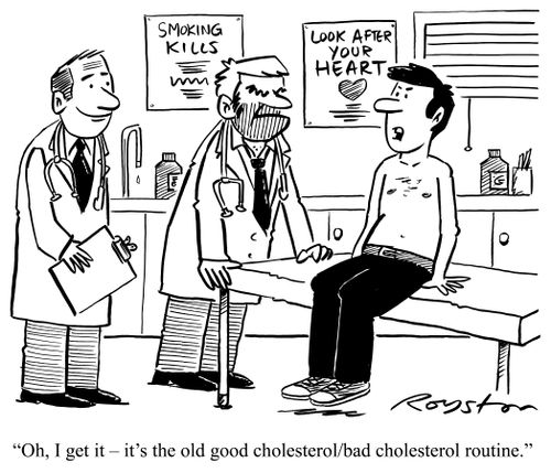 Patient sees smiling doctor and mean-looking doctor: 'Oh, I get it ? it's the old good cholesterol/bad cholesterol routine.'