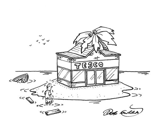 The survivor of a shipwreck is surprised to see a Tesco store in the middle of a desert island.
