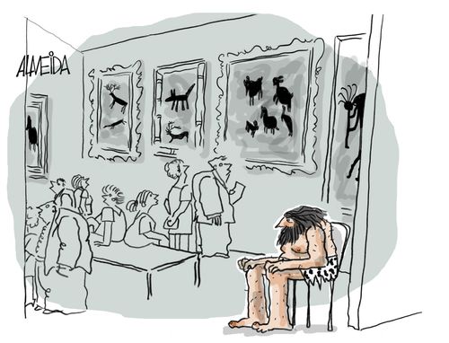 Caveman sat in art gallery.