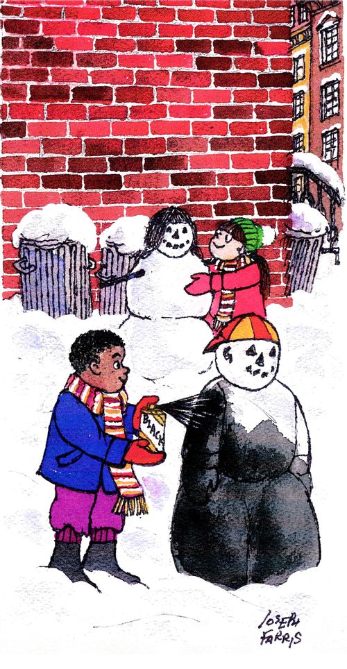 Kid spray painting a snowman.