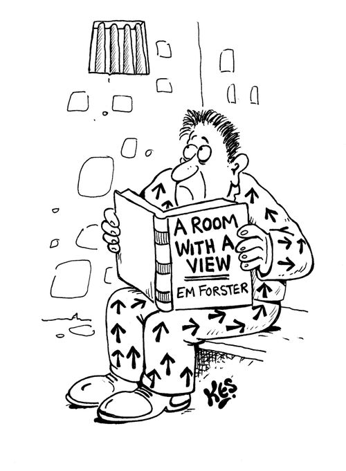 A prisoner in a cell with a very high window, reads book: 'A room with a view'.