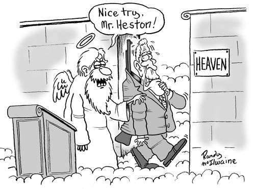 Charlton Heston sneaking a gun into Heaven.