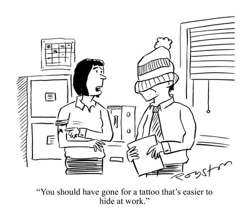 Woman tells colleague with woolly hat over his face: 'You should have gone for a tattoo that's easier to hide at work.'