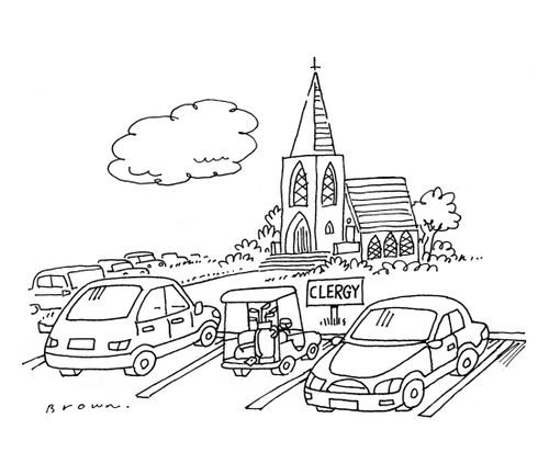 Clergy golf cart in church parking spaces.