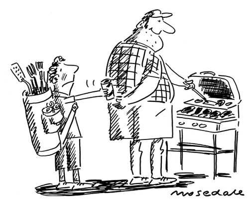 Father at BBQ being helped by son with golf bag of utensils.