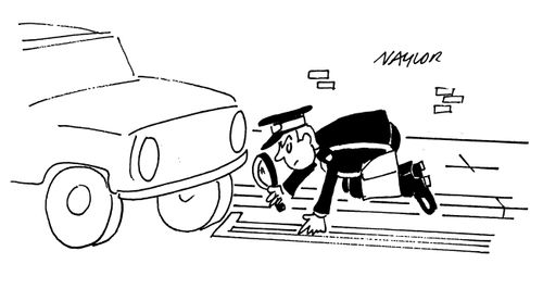 Traffic warden using magnifying glass to see if a car is parked on yellow lines.