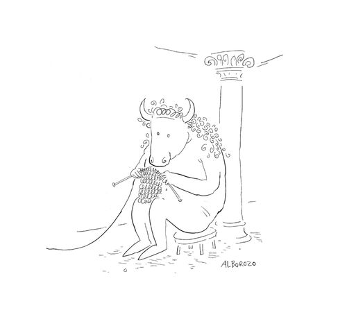 Knitting minotaur.