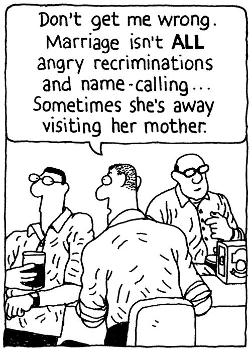 'Don't get me wrong. Marriage isn't ALL angry recriminations and name-calling... Sometimes she's away visiting her mother.'