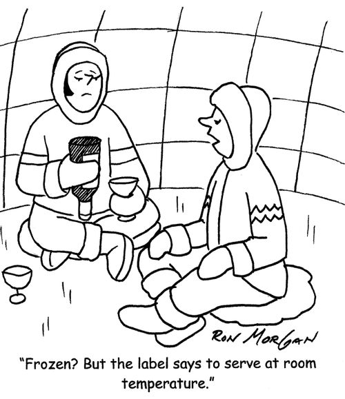 'Frozen? But the label says to serve at room temperature.'