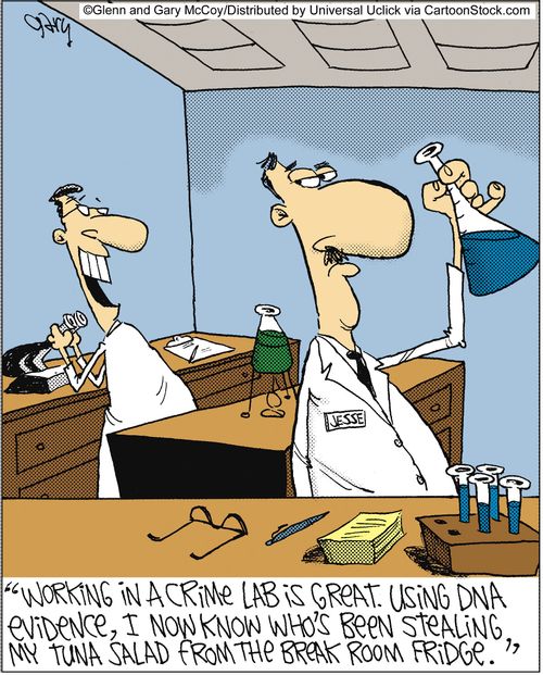 'Working in a crime lab is great. Using DNA evidence, I now know who's been stealing my tuna salad from the break room fridge.'