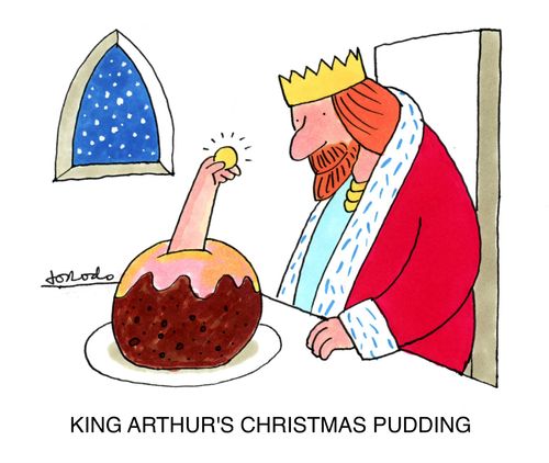 Hand emerges from King Arthur's xmas pudding with a coin.