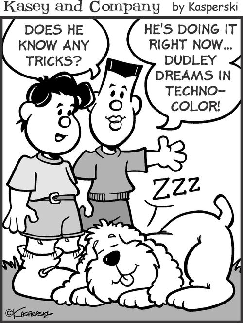 Dog tricks. 'He's doing it right now. Dudley dreams in Technocolor!'