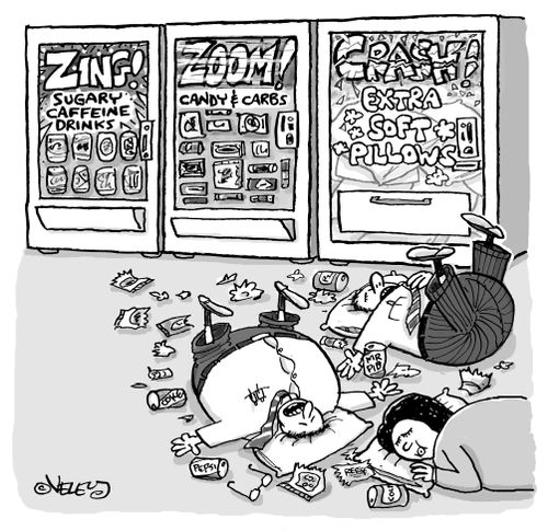 Vending machines with junk food: 'Zing!', 'Zoom!' and 'Crash!'