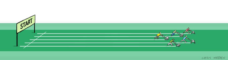 Race track - with the race being to apply the white lines between lanes