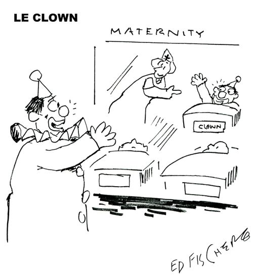 Pappa clown views offspring in maternity window.