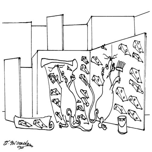 Mice in lab maze paper the walls with wallpaper that has pictures of cheese on it.