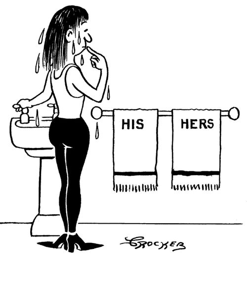 Person of ambiguious sexuality does not know what towel to use in bathroom,