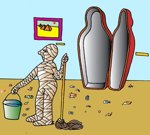 Mummy gets out of his sarcophagus to clean up the museum after hours.