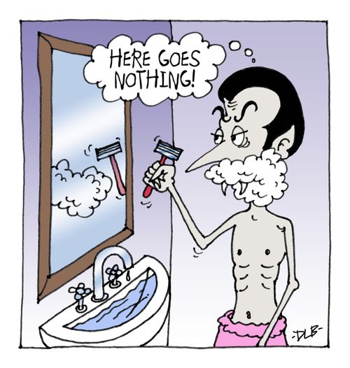 Vampire attempts to shave with no reflection in mirror...