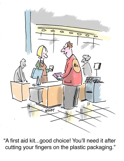'A first aid kit...good choice! You'll need it after cutting your fingers on the plastic packaging.'