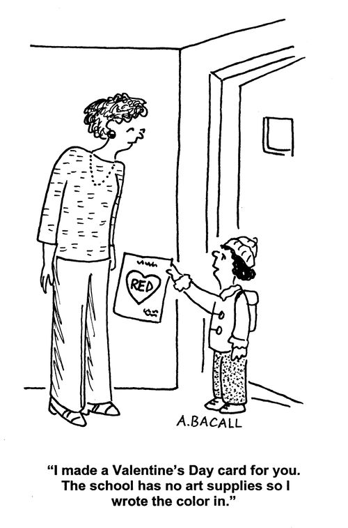 'I made a Valentine's Day card for you. The school has no art supplies so I wrote the color in.'