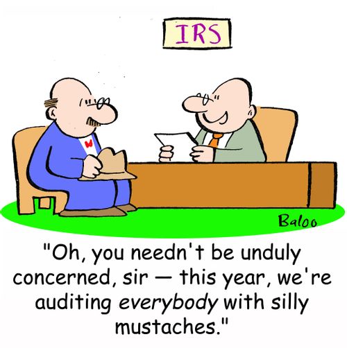 'Oh, you needn't be unduly concerned, sir -- this year, we're auditing everybody with silly mustaches.'