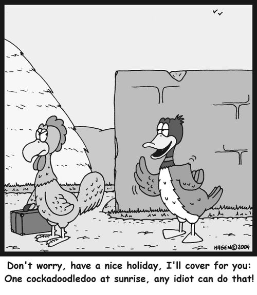 'Don't worry, have a nice holiday, I'll cover for you: Once cockadoodledoo at sunrise, any idiot can do that!'