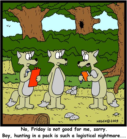 'No, Friday is not good for me, sorry. Boy, hunting in a pack is such a logistical nightmare...'