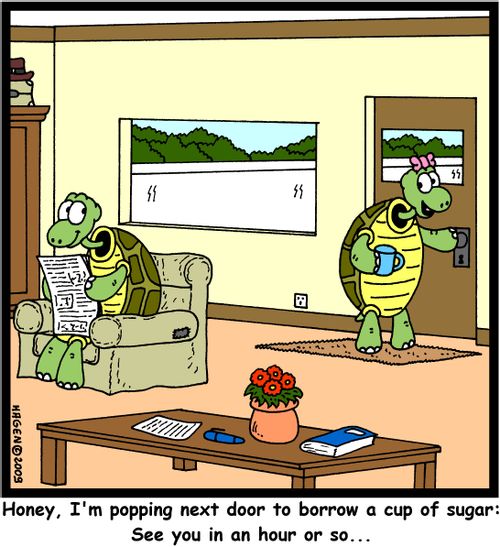 'Honey, I'm popping next door to borrow a cup of sugar: See you in an hour or so...'