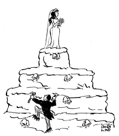 Groom climbing up a cake to get to his wife.