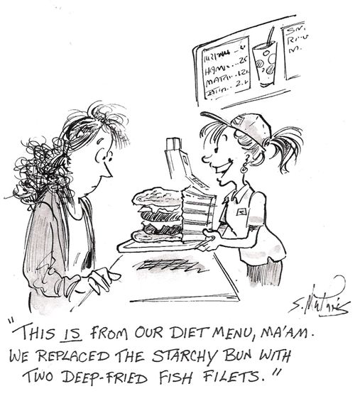 'This is from our diet menu. We replaced the starchy bun with two deep fried fish filets!'