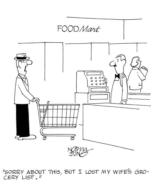 'Sorry about this, but I lost my wife's grocery list.'