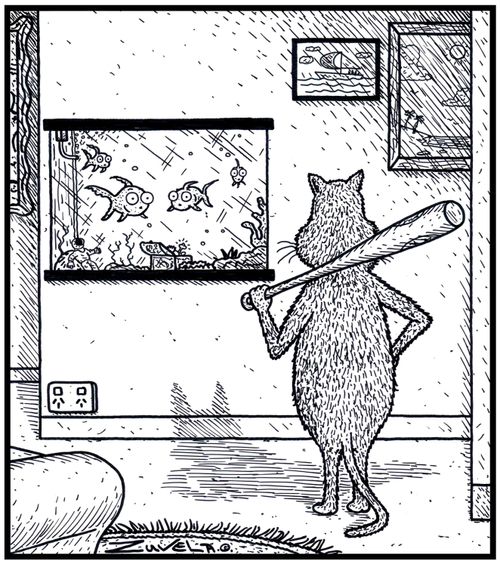  A Cat about to smash into a Goldfish Aquarium for a meal.