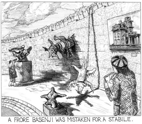 'A frore basenji was mistaken for a stabile.'