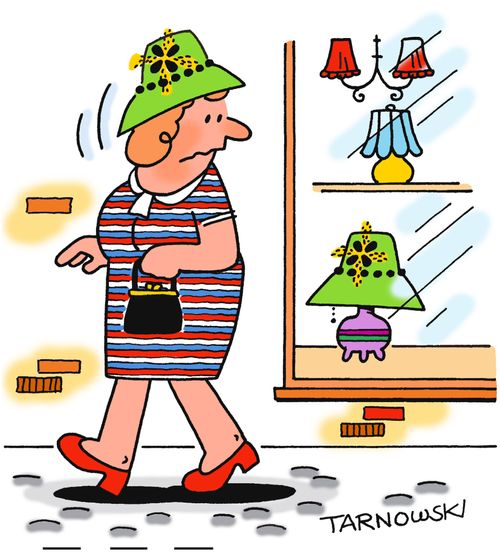 Woman sees a lampshade the same as her hat.