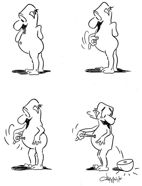 Man's bum attached by his navel.