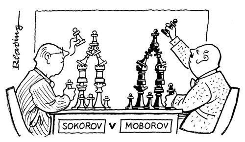 'Sokorov' and 'Moborov' building towers with chess pieces.