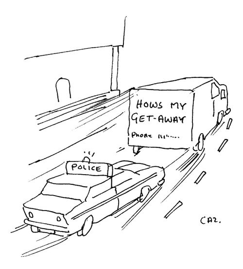 Police car chasing van with 'How's my getaway?' sticker.