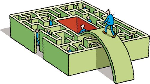 Man taking a shortcut to centre of a maze