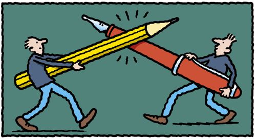 'Two men having a sword fight with large pen and pencil.'