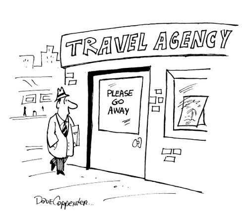 Travel agents with 'please go away' sign on door.