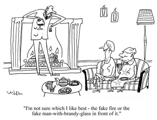 'I'm not sure which I like best - the fake fire or the fake man with brandy glass in front of it.'