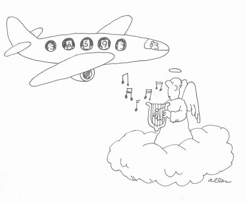 An angel playing his harp passengers in a plane holding up score cards.
