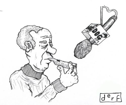 Dog FM. (Man blowing dog whistle into radio microphone).