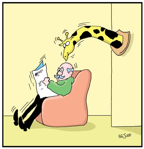 Man reading a newspaper. Trophy head of giraffe reading over his shoulder.