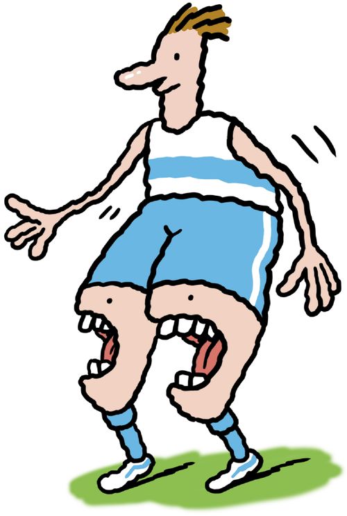 Athlete with huge thighs with faces and mouths.