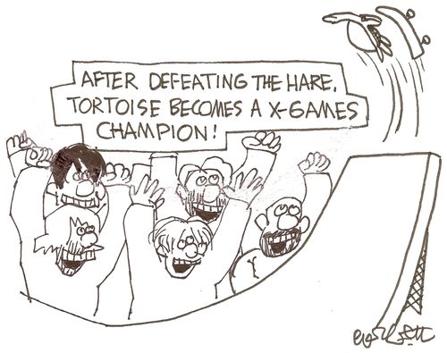 After defeating the Hare, Tortoise becomes a X - Games champion! 